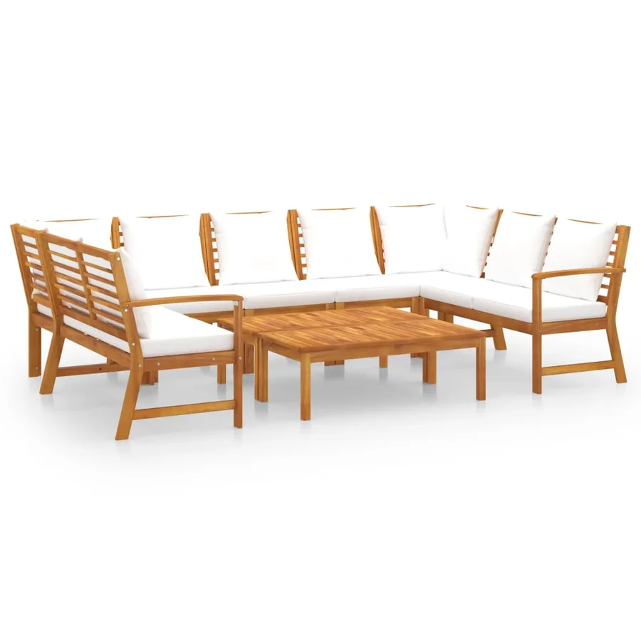 Salon de jardin 9 pcs avec coussin Crème Bois d'acacia solide - 2