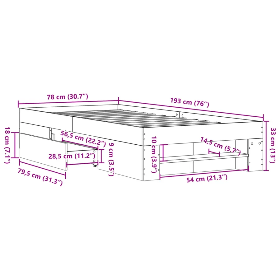 Cadre de lit sans matelas chêne sonoma 75x190 cm - 11