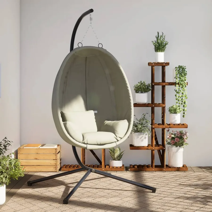 Chaise suspendue en forme d'œuf et support beige tissu et acier