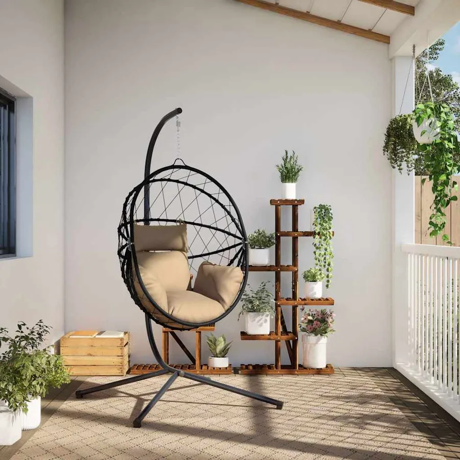 Chaise suspendue en forme d'œuf et support taupe rotin et acier - 3