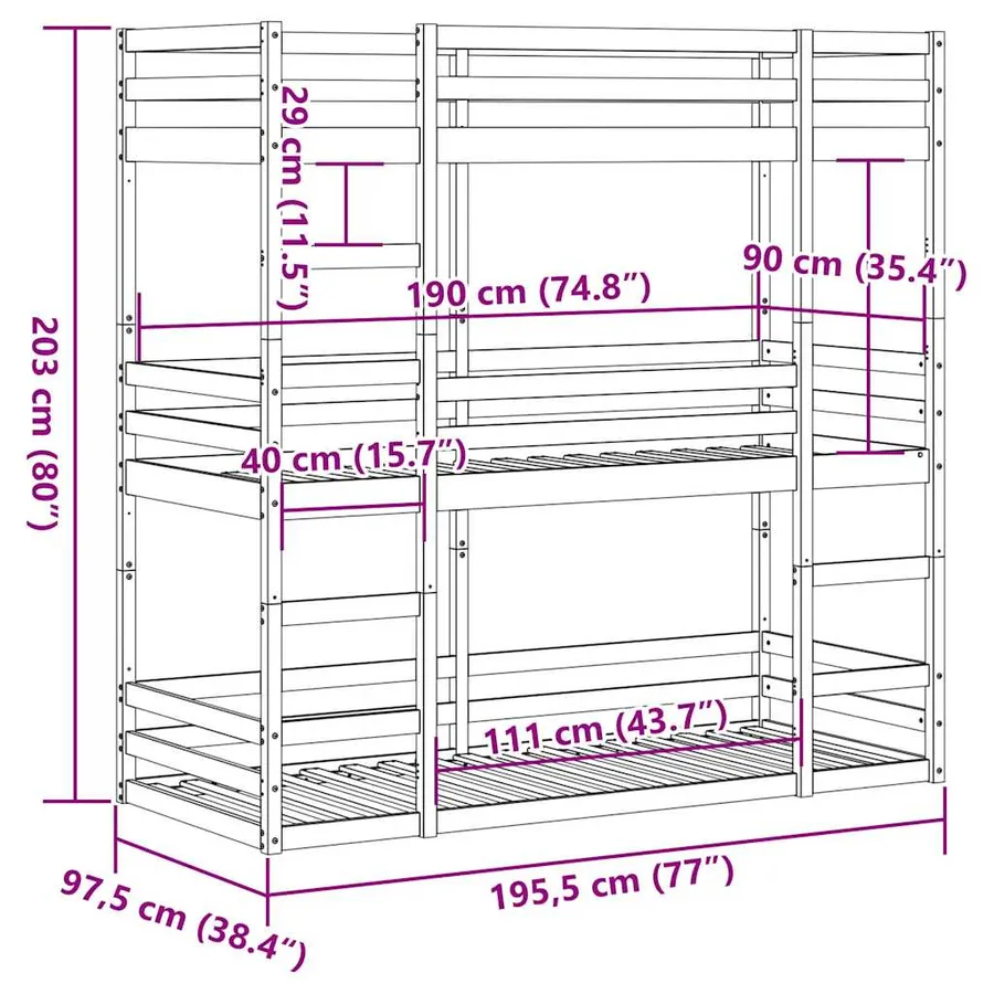Lit superposé triple sans matelas 90x190 cm bois de pin massif - 11