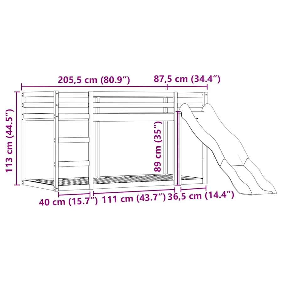 Lit superposé sans matelas avec toboggan et rideaux 80x200 cm - 15