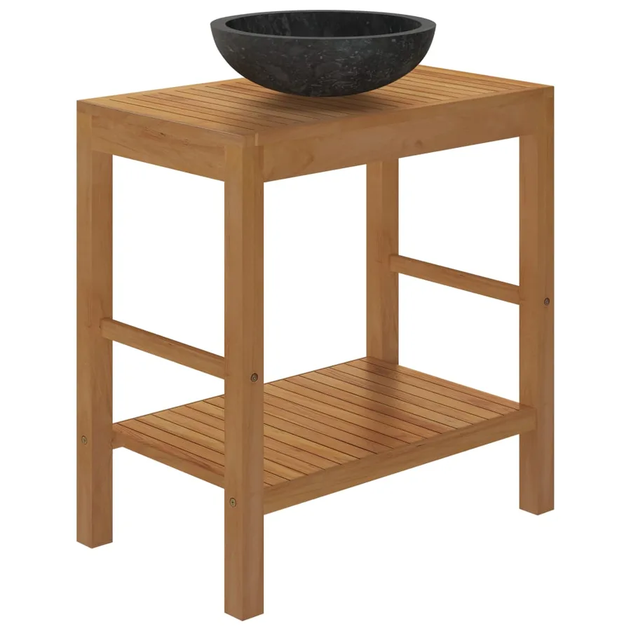 Armoire de toilette en teck solide avec lavabo en marbre Noir - 5
