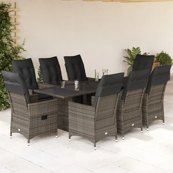 Ensemble à manger de jardin 9 pcs coussins gris résine tressée