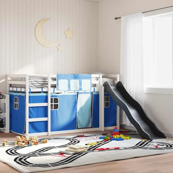 Lit superposé sans matelas avec toboggan et rideaux 90x200 cm