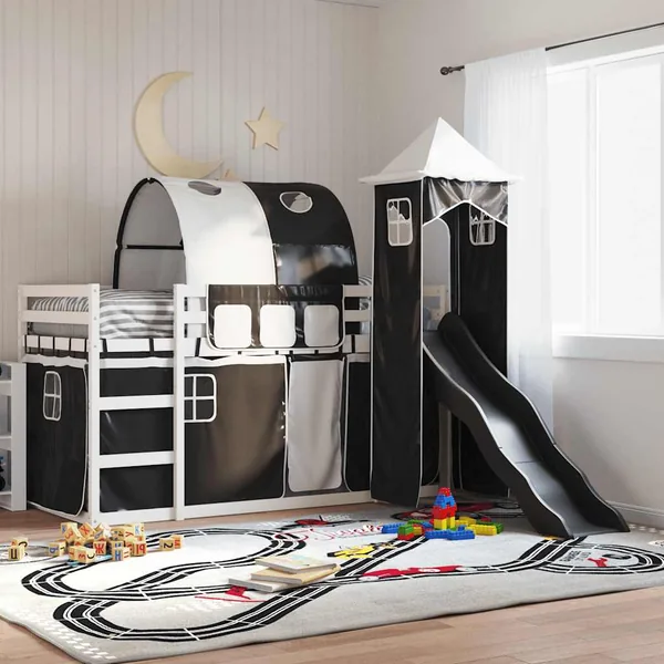 Lit superposé sans matelas avec toboggan blanc noir 90x200 cm