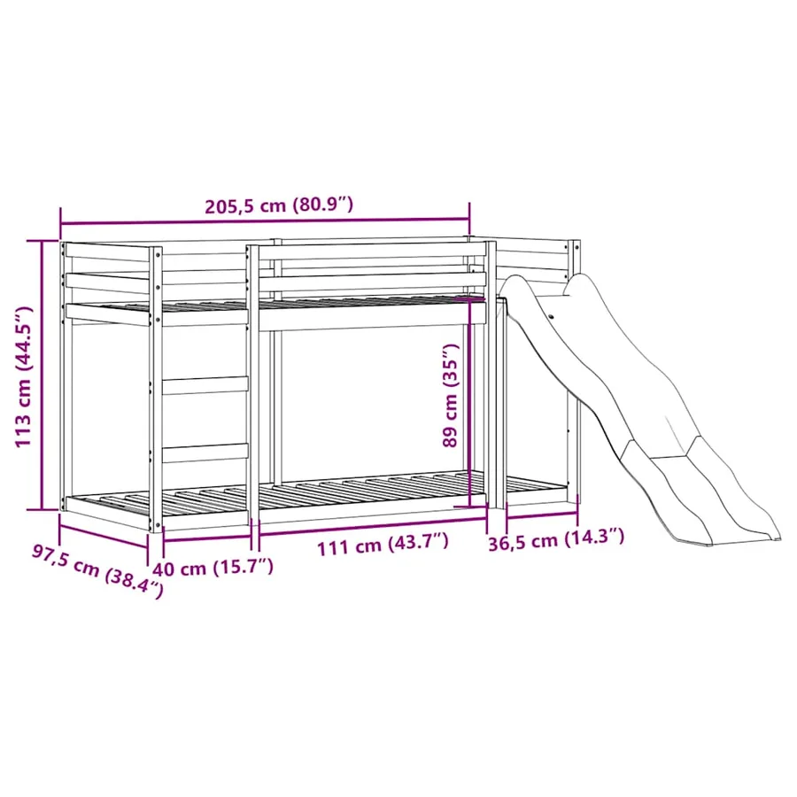 Lit superposé avec toboggan et échelle sans matelas 90x200 cm - 11