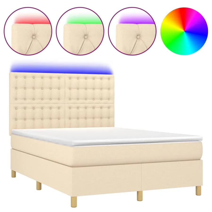 Sommier à lattes de lit et matelas et LED Crème 140x200cm Tissu - 2