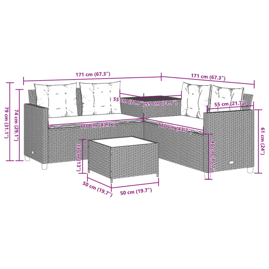 Canapé de jardin et table et coussins en forme de L gris clair - 12