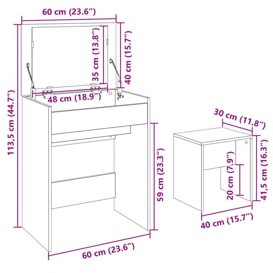 Coiffeuse et tabouret blanc 60x40x113,5 cm - 11