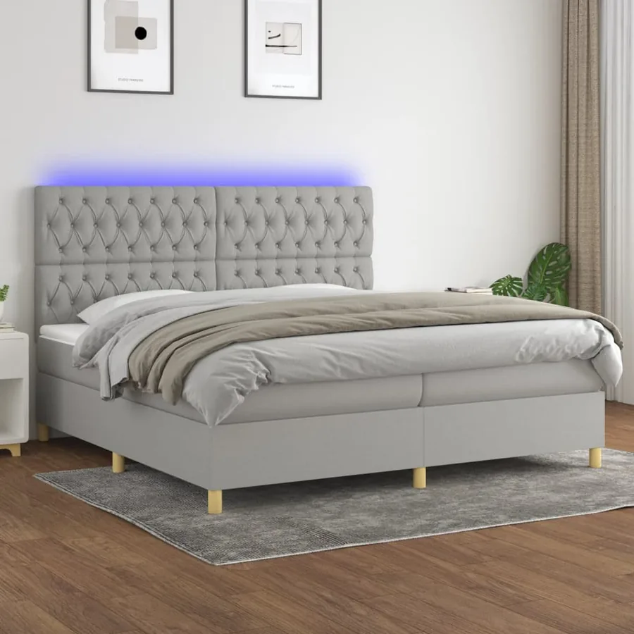 Sommier à lattes de lit matelas et LED Gris clair 200x200 cm