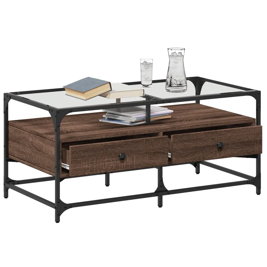 Table basse et dessus en verre chêne marron 98,5x50x45 cm acier - 3