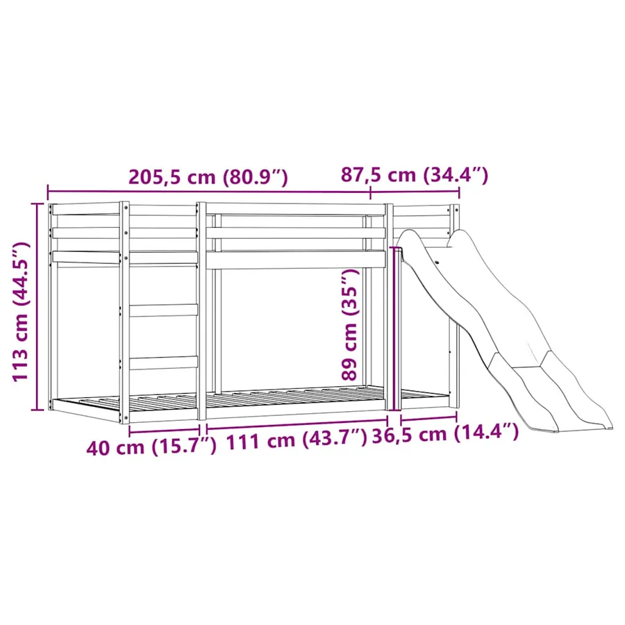 Lit superposé sans matelas avec toboggan et rideaux 80x200 cm - 15