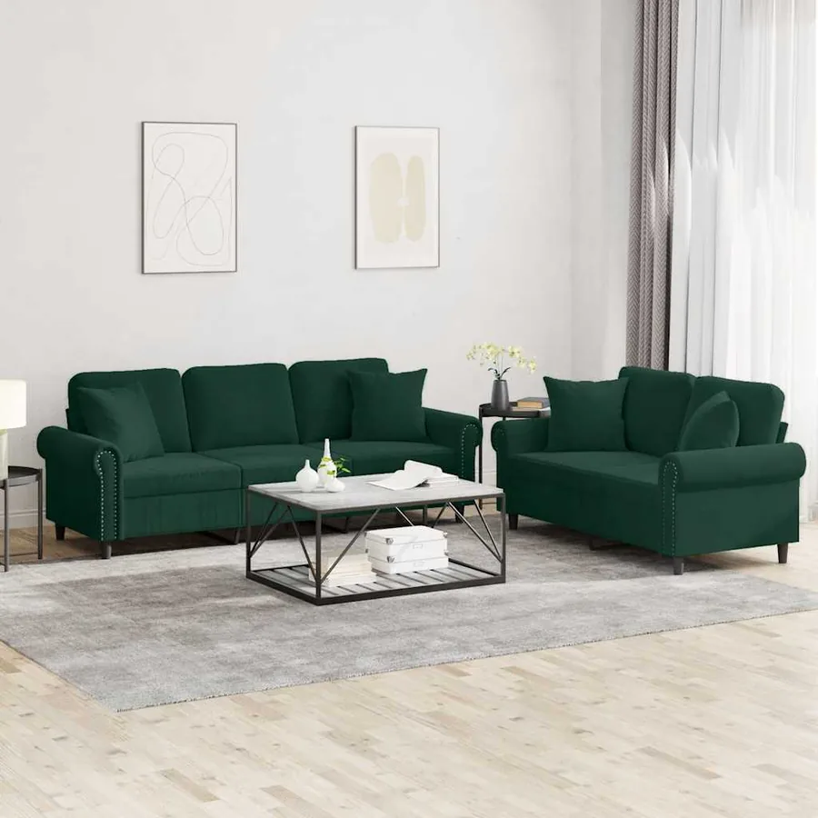 Ensemble de canapés 2 pcs avec coussins vert foncé velours