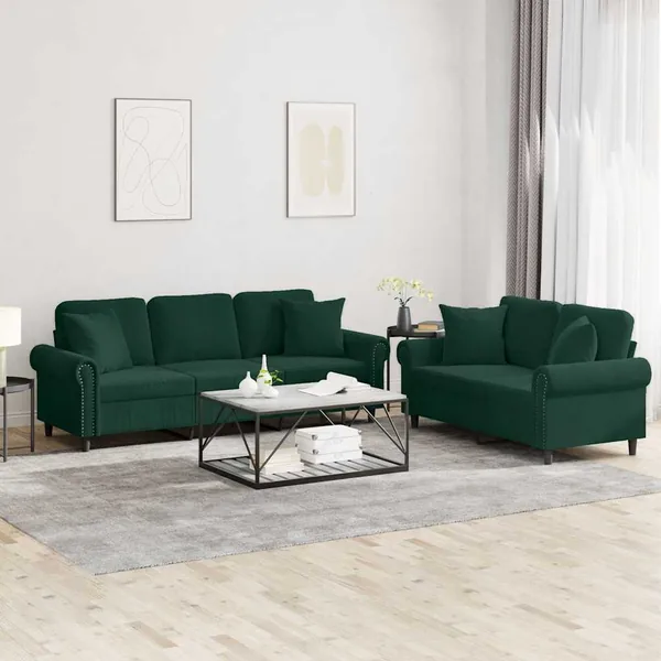 Ensemble de canapés 2 pcs avec coussins vert foncé velours