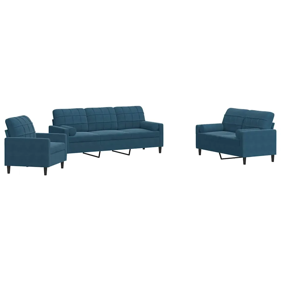 Ensemble de canapés 3pcs et coussins et traversins bleu velours - 2