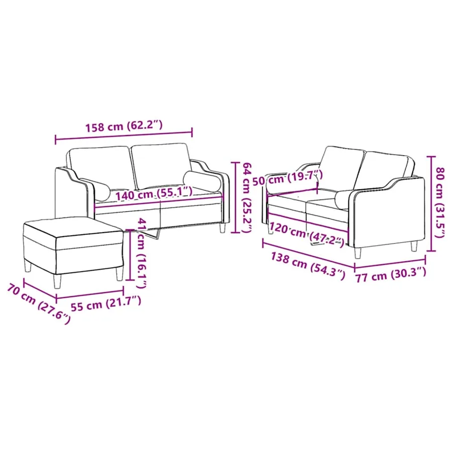 Ensemble de canapés 3 pcs avec coussins rouge bordeaux tissu - 10