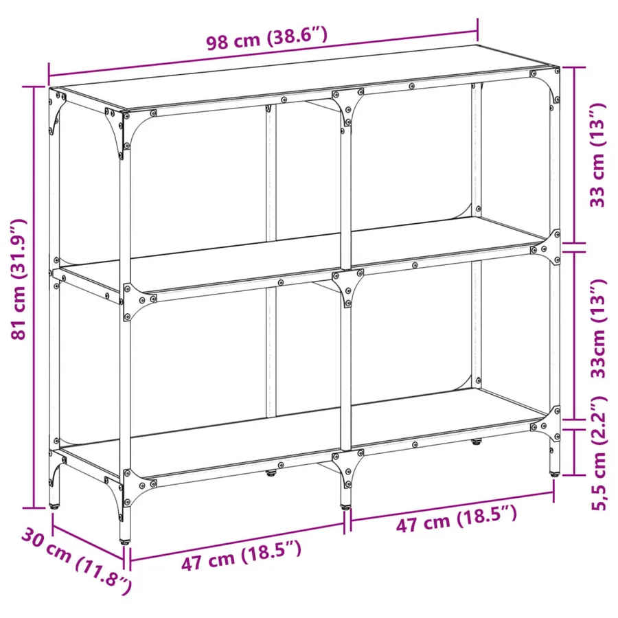 Table console avec dessus en verre noir 98x30x81 cm acier - 9