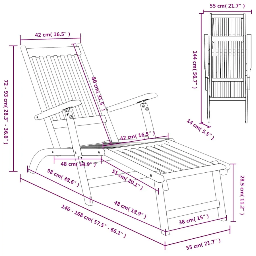 Chaise longue d'extérieur repose-pieds lot de 2 Acacia solide - 7