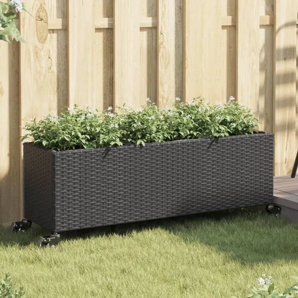 Jardinière avec roulettes et 3 pots noir 107x32x38 cm rotin