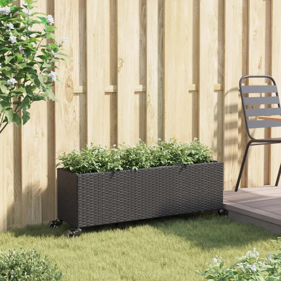 Jardinière avec roulettes et 3 pots noir 107x32x38 cm rotin - 3