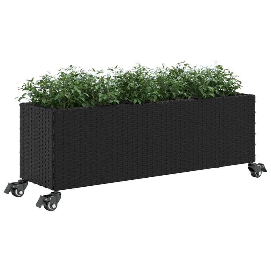Jardinière avec roulettes et 3 pots noir 107x32x38 cm rotin - 4