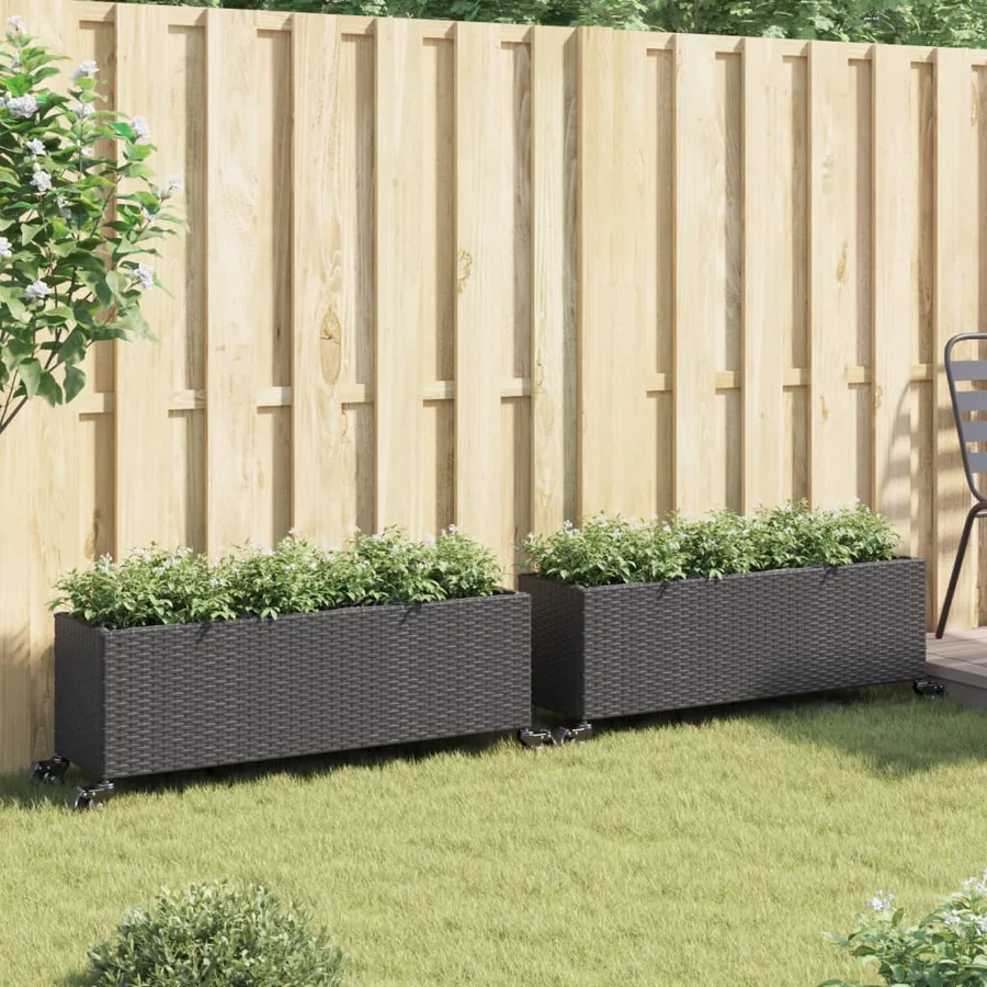 Jardinières et roulettes 2 pcs noir 107x32x38 cm résine tressée - 3