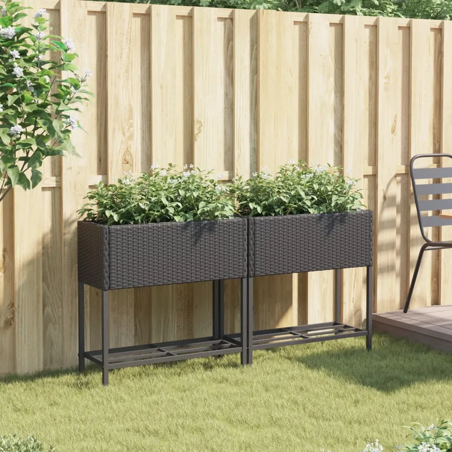 Jardinières avec étagère 2 pcs noir 70x28x70 cm résine tressée - 3
