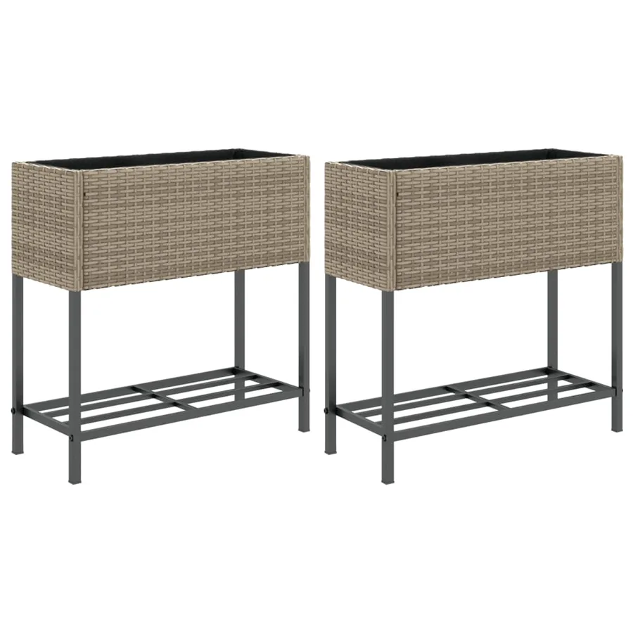 Jardinières avec étagère 2 pcs gris 70x28x70 cm résine tressée - 2