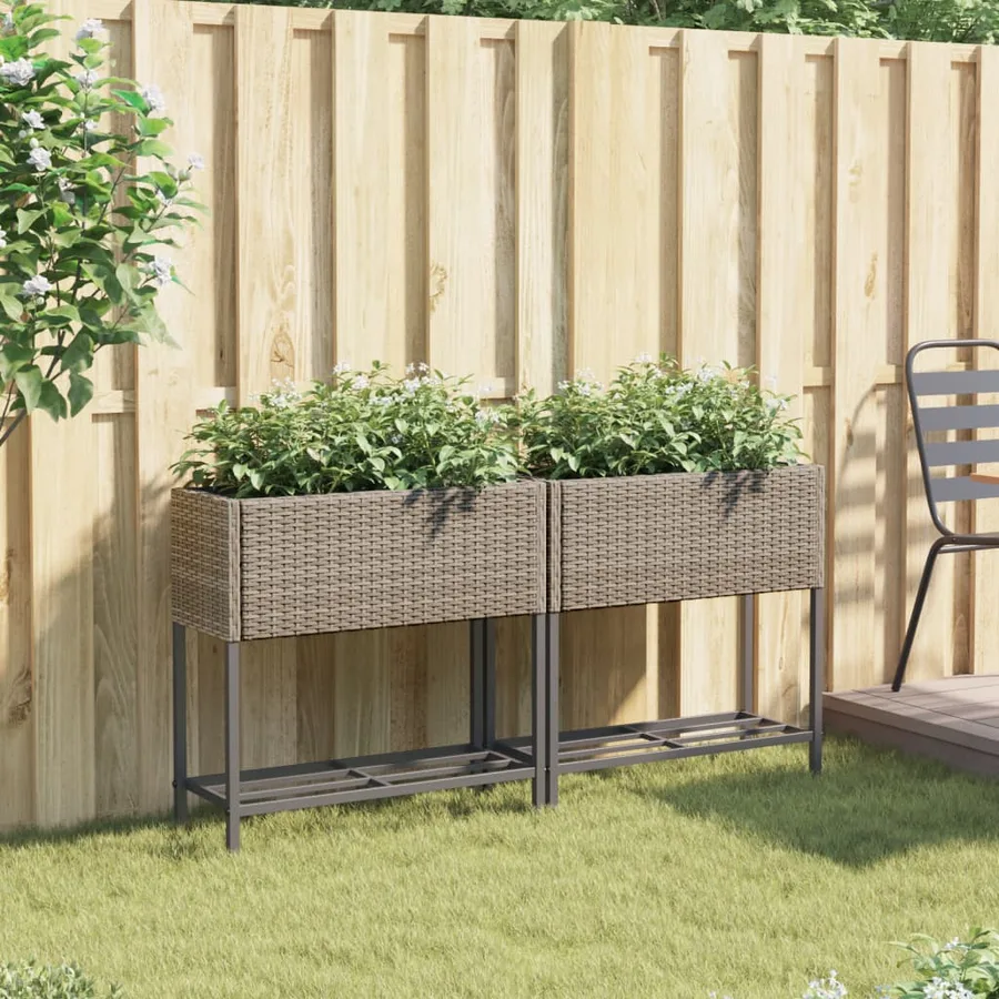 Jardinières avec étagère 2 pcs gris 70x28x70 cm résine tressée - 3