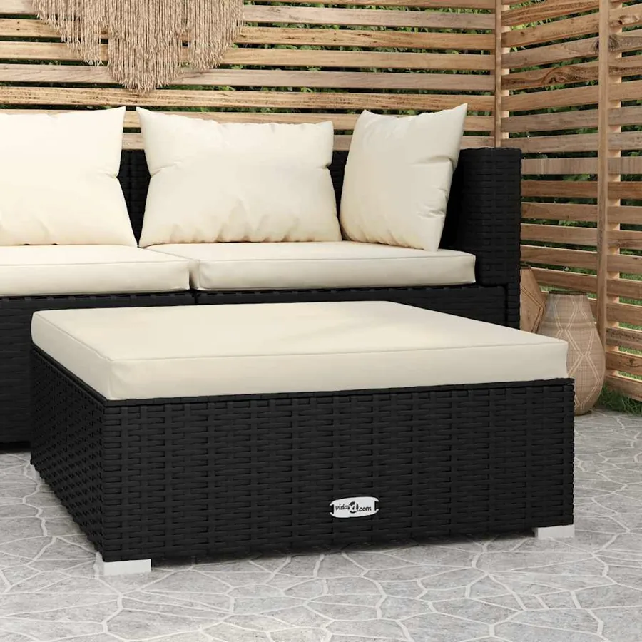 Garden footstool and cushion Black 70x70x30 cm Poly rattan