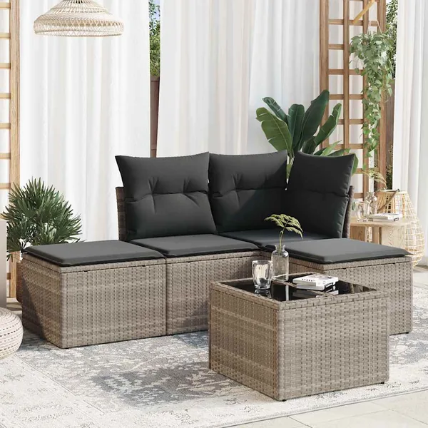 Salon de jardin 5 pcs avec coussins gris clair résine tressée