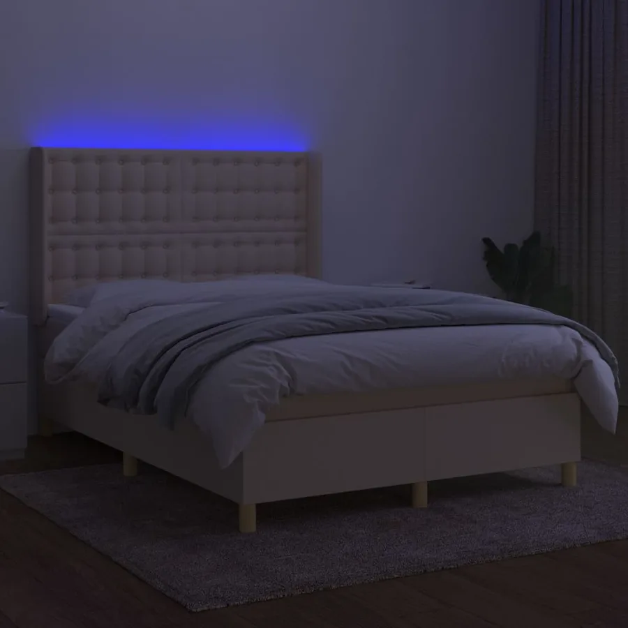 Sommier à lattes de lit matelas et LED Crème 140x190 cm Tissu - 3
