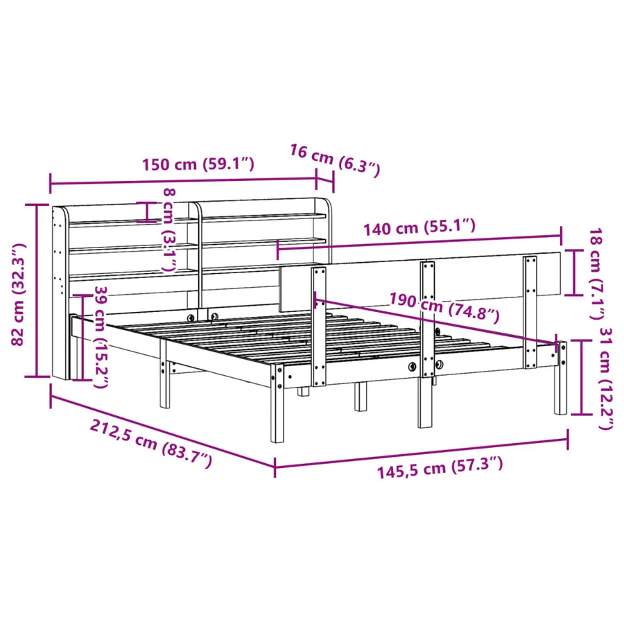 Cadre de lit sans matelas blanc 140x190 cm bois de pin massif - 12