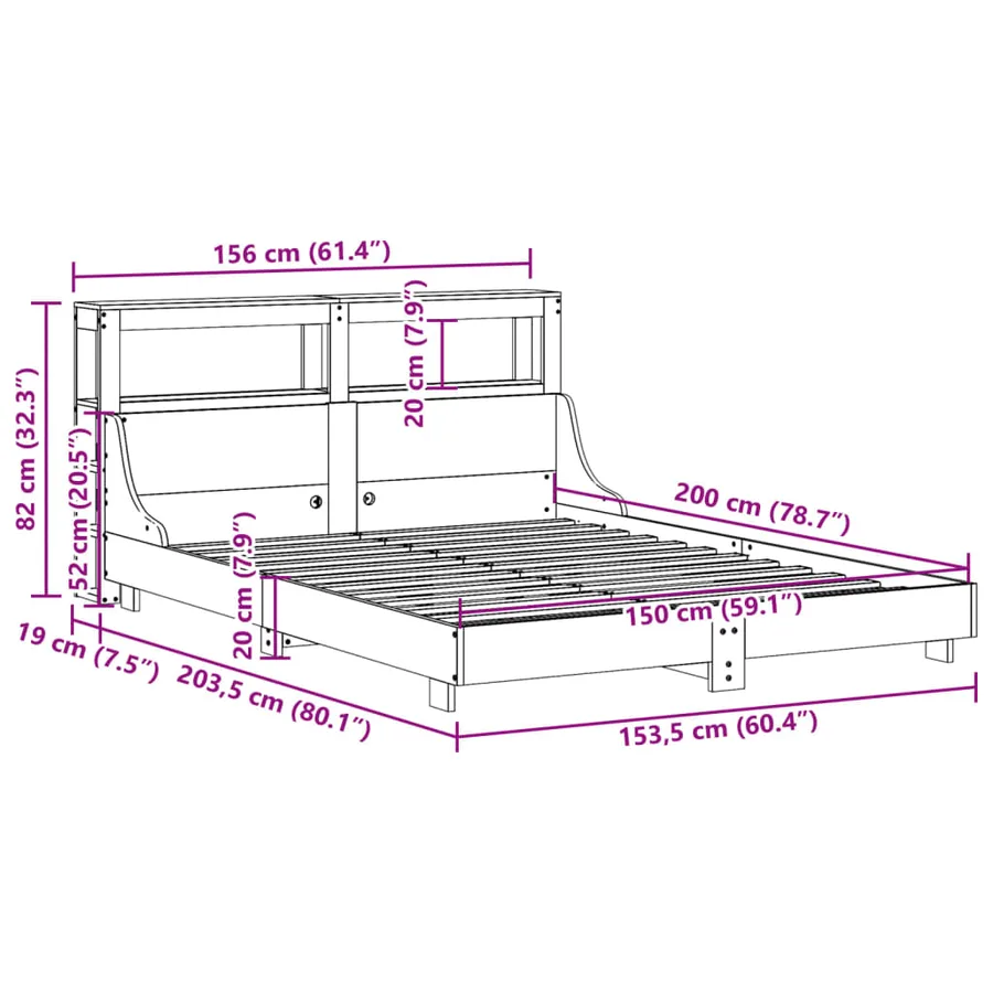 Cadre de lit sans matelas blanc 150x200 cm bois de pin massif - 12
