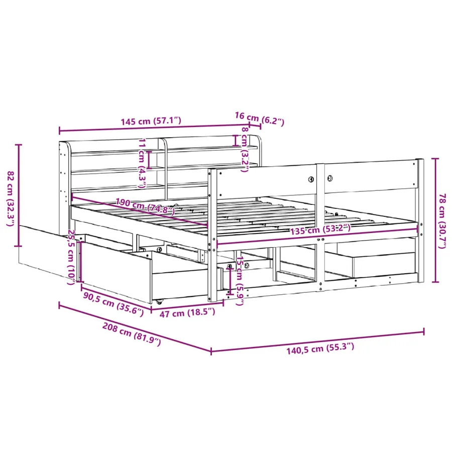 Cadre de lit sans matelas blanc 135x190 cm bois de pin massif - 12
