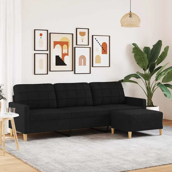 Canapé à 3 places avec repose-pieds Noir 210 cm Tissu