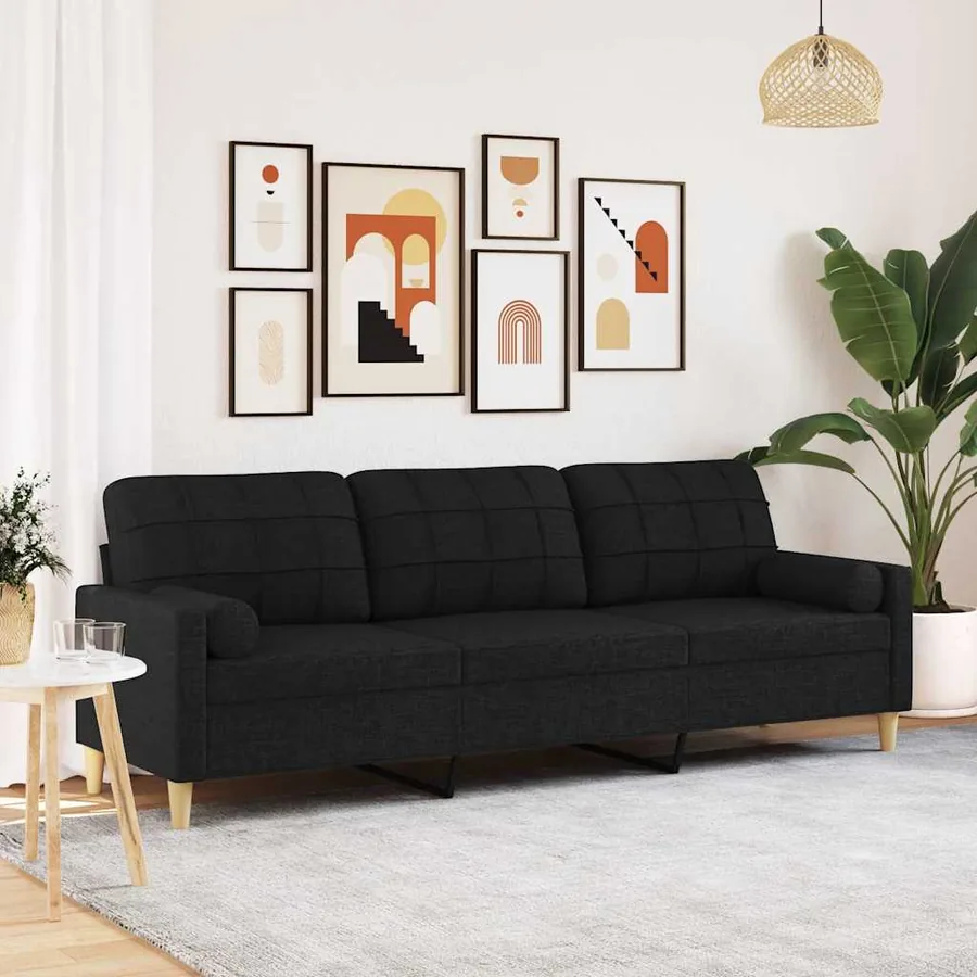Canapé 3 places avec oreillers décoratifs noir 210 cm tissu