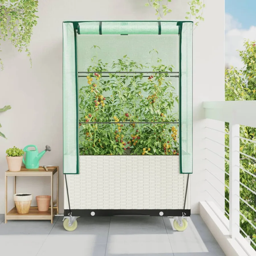 Jardinière surélevée avec housse et roues aspect rotin - 3
