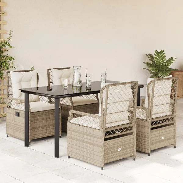 Ensemble à manger de jardin avec coussins 5pcs Beige poly rotin