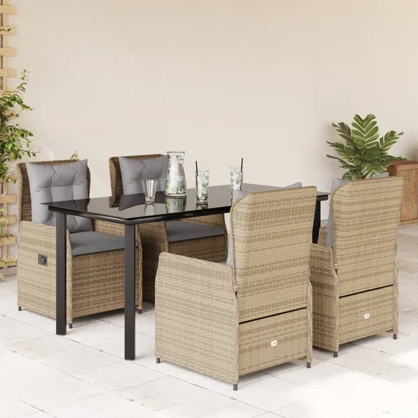 Ensemble à manger de jardin avec coussins 5pcs Beige poly rotin