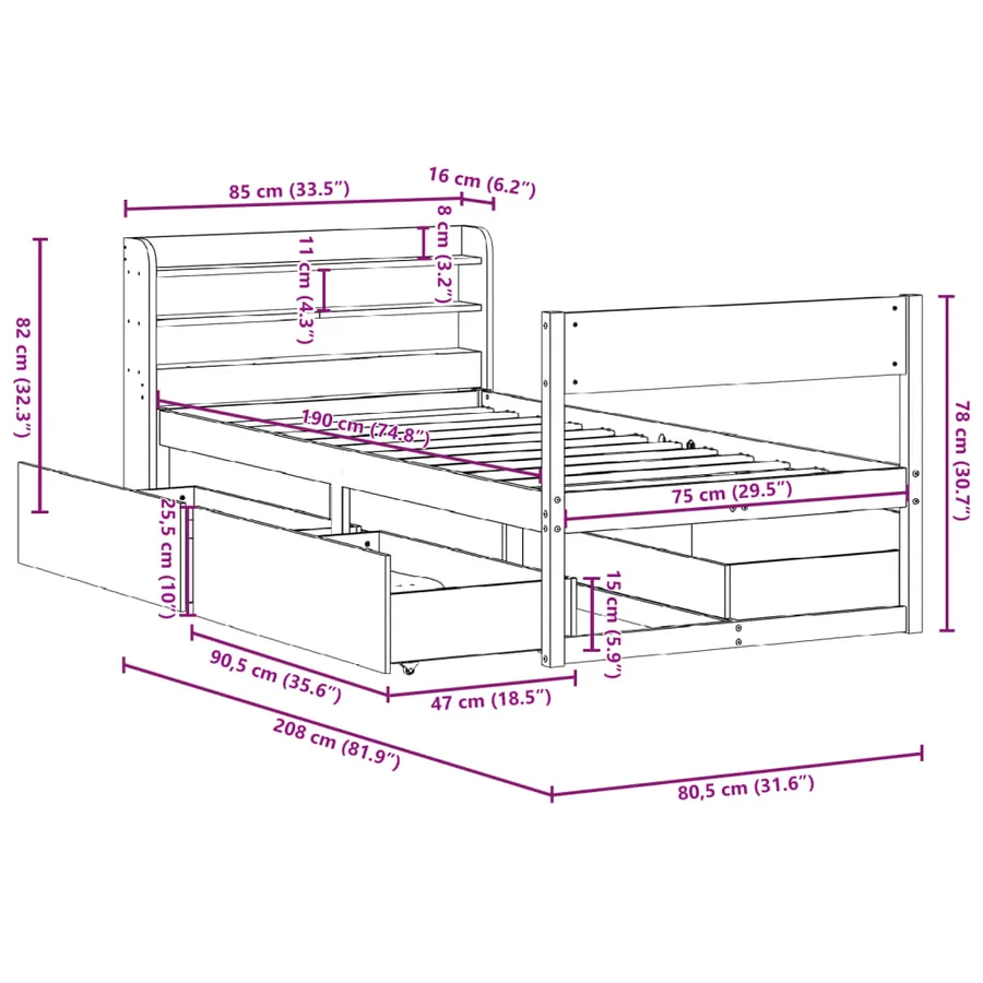 Cadre de lit sans matelas 75x190 cm bois de pin massif - 12