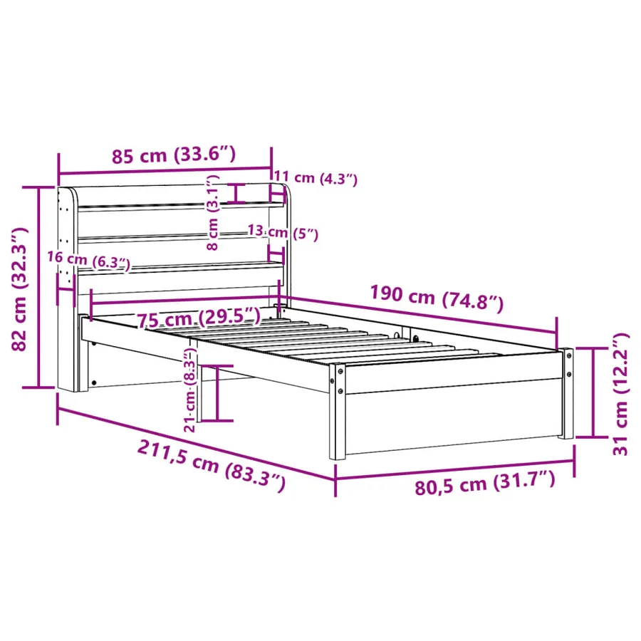 Cadre de lit avec tête de lit sans matelas 75x190 cm - 12