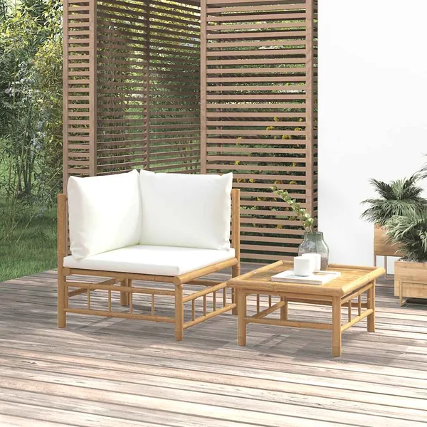 Garden lounge set 2 pcs with cushions creamy white bamboo