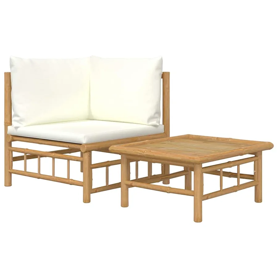 Salon de jardin 2 pcs avec coussins blanc crème bambou - 2