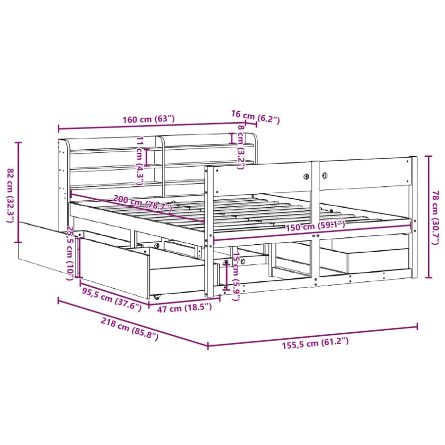 Cadre de lit sans matelas 150x200 cm bois de pin massif - 12
