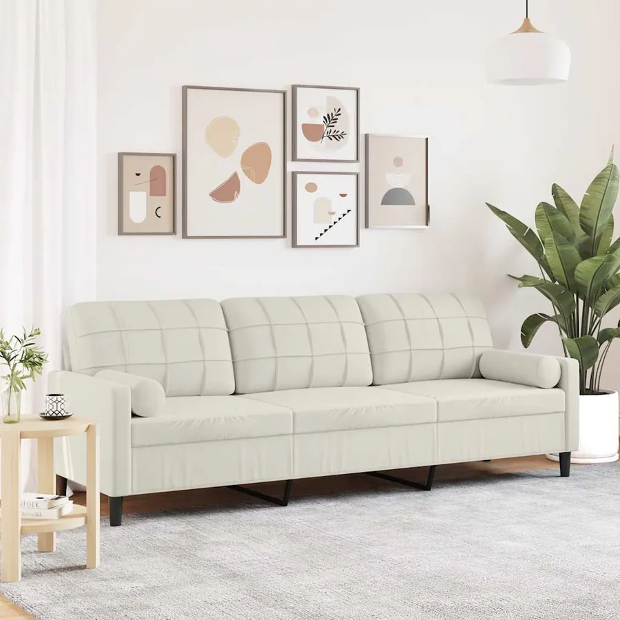 Canapé 3 places avec oreillers décoratifs crème 210 cm velours