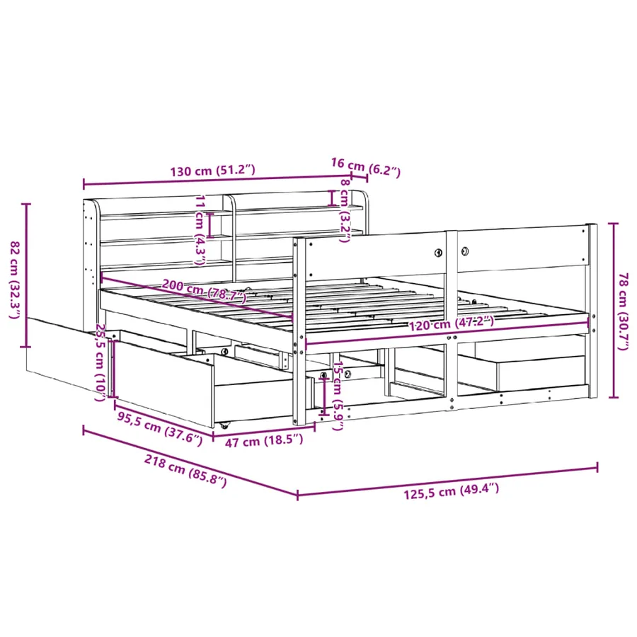 Cadre de lit sans matelas cire marron 120x200cm bois pin massif - 12