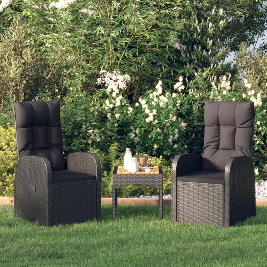 Garden reclining chair 2 pcs and cushions Poly rattan Black