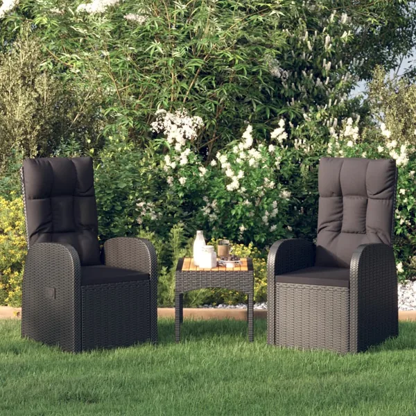 Garden reclining chair 2 pcs and cushions Poly rattan Black